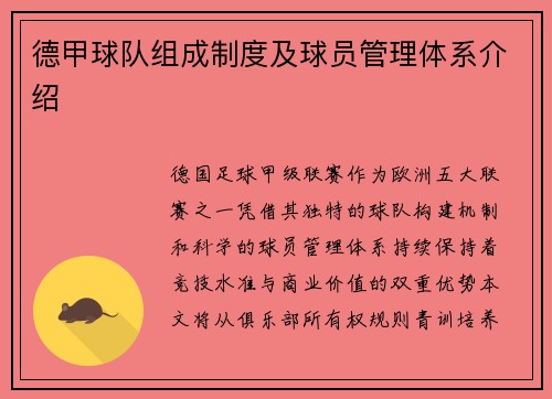德甲球队组成制度及球员管理体系介绍