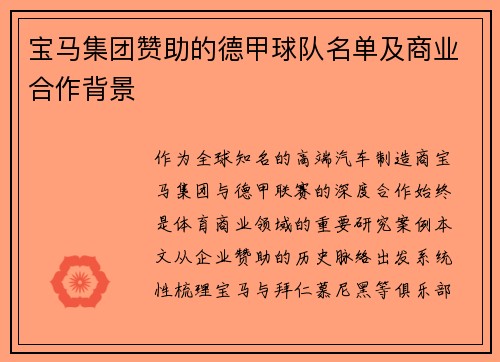 宝马集团赞助的德甲球队名单及商业合作背景